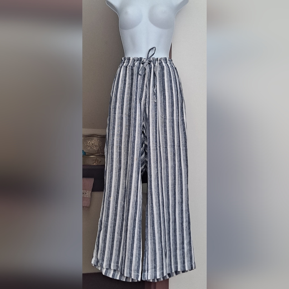 Per Se PLUS SIZE Blue Striped Pants Wide Leg Trousers Flat Front Drawstring NWOT
